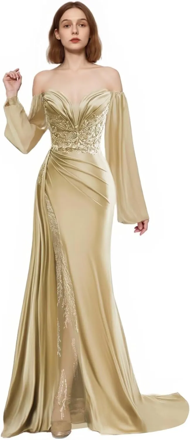 Long Sleeve Prom Dresses for Women Off Shoulder Satin Formal Dresses Mermaid Lace Applique Evening Gowns