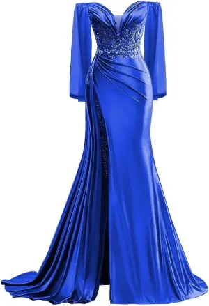 Long Sleeve Prom Dresses for Women Off Shoulder Satin Formal Dresses Mermaid Lace Applique Evening Gowns