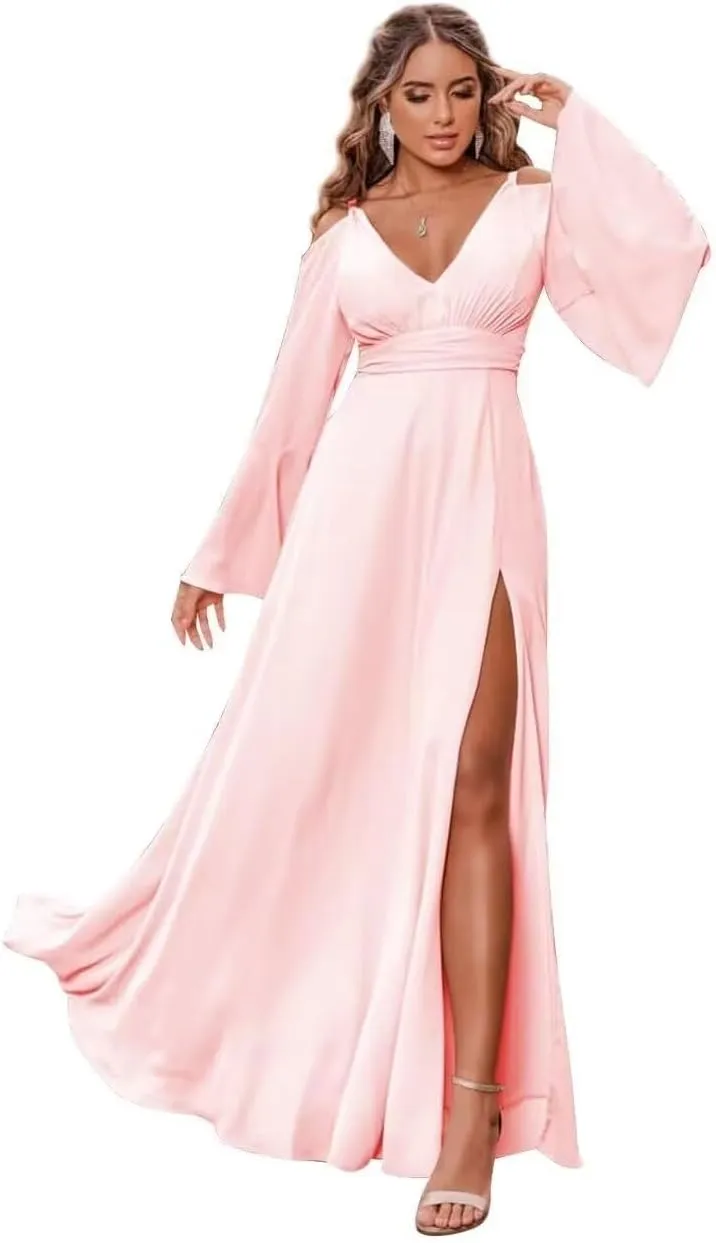 Long Sleeves Bridesmaid Dresses for Women Off Shoulder V-Neck Chiffon Prom Formal Dress with Slit