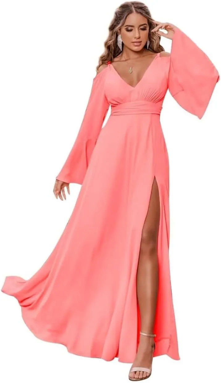 Long Sleeves Bridesmaid Dresses for Women Off Shoulder V-Neck Chiffon Prom Formal Dress with Slit