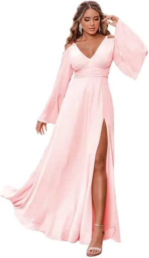 Long Sleeves Bridesmaid Dresses for Women Off Shoulder V-Neck Chiffon Prom Formal Dress with Slit