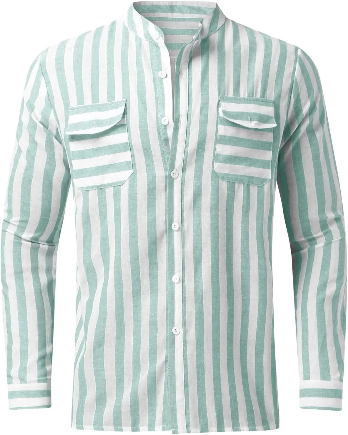 Long Sleeves Linen Cotton Oxford Shirt for Mens Baggy Striped Button Up Turn-Down Collarless Tops Dress Shirts with Pockets