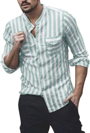 Long Sleeves Linen Cotton Oxford Shirt for Mens Baggy Striped Button Up Turn-Down Collarless Tops Dress Shirts with Pockets