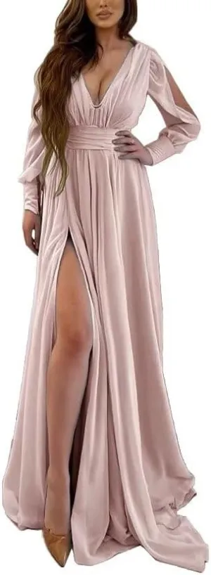 Long Sleeves V Neck Mermaid Prom Dresses Long Chiffon Pleated A-Line Split Formal Dresses Evening Party Gowns