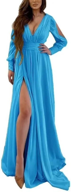 Long Sleeves V Neck Mermaid Prom Dresses Long Chiffon Pleated A-Line Split Formal Dresses Evening Party Gowns