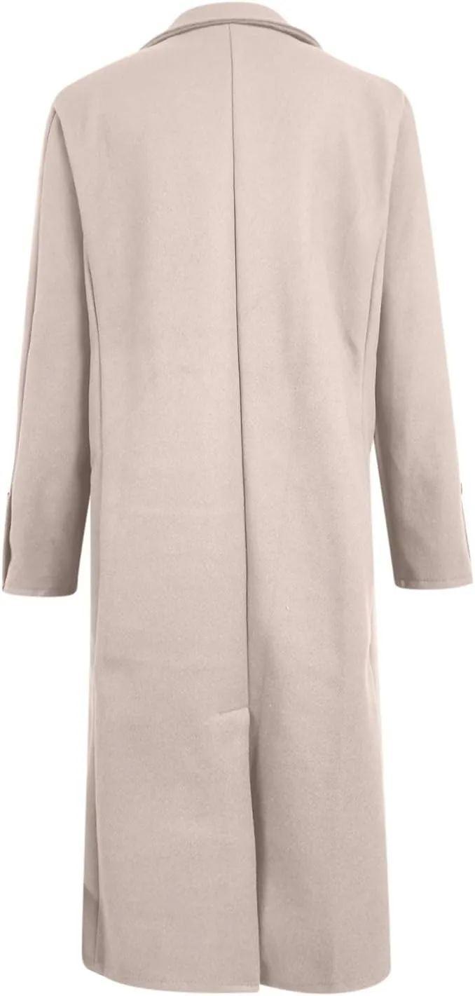 Long Trench Coat for Women Single Breasted Pea Coat Wool Blend Coat Notch Lapel Jacket Open Front Cardigan Winter Coats