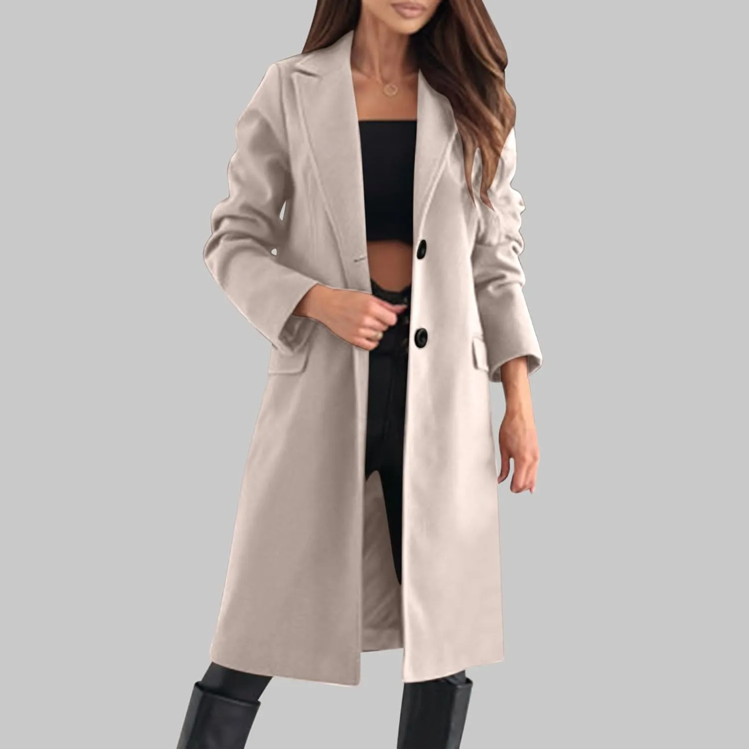 Long Trench Coat for Women Single Breasted Pea Coat Wool Blend Coat Notch Lapel Jacket Open Front Cardigan Winter Coats