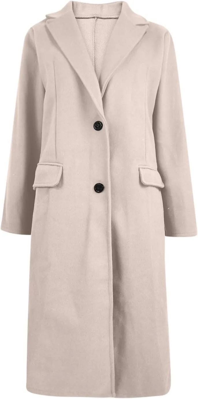 Long Trench Coat for Women Single Breasted Pea Coat Wool Blend Coat Notch Lapel Jacket Open Front Cardigan Winter Coats