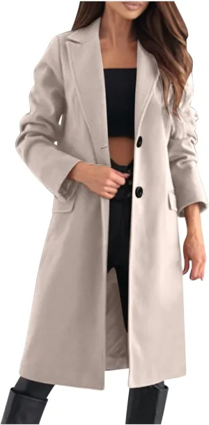 Long Trench Coat for Women Single Breasted Pea Coat Wool Blend Coat Notch Lapel Jacket Open Front Cardigan Winter Coats