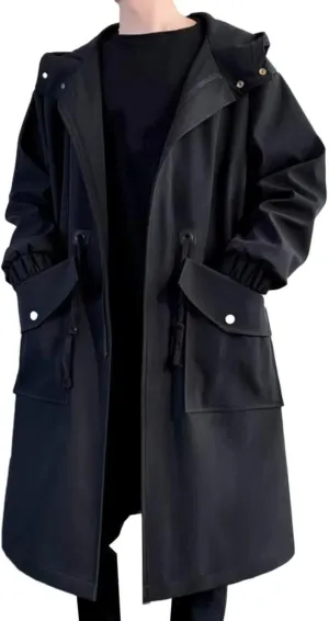 Long Trench Coat Jacket Men Autumn Black Hip Hop Coats Streetwear Male Hooded Khaki Jackets
