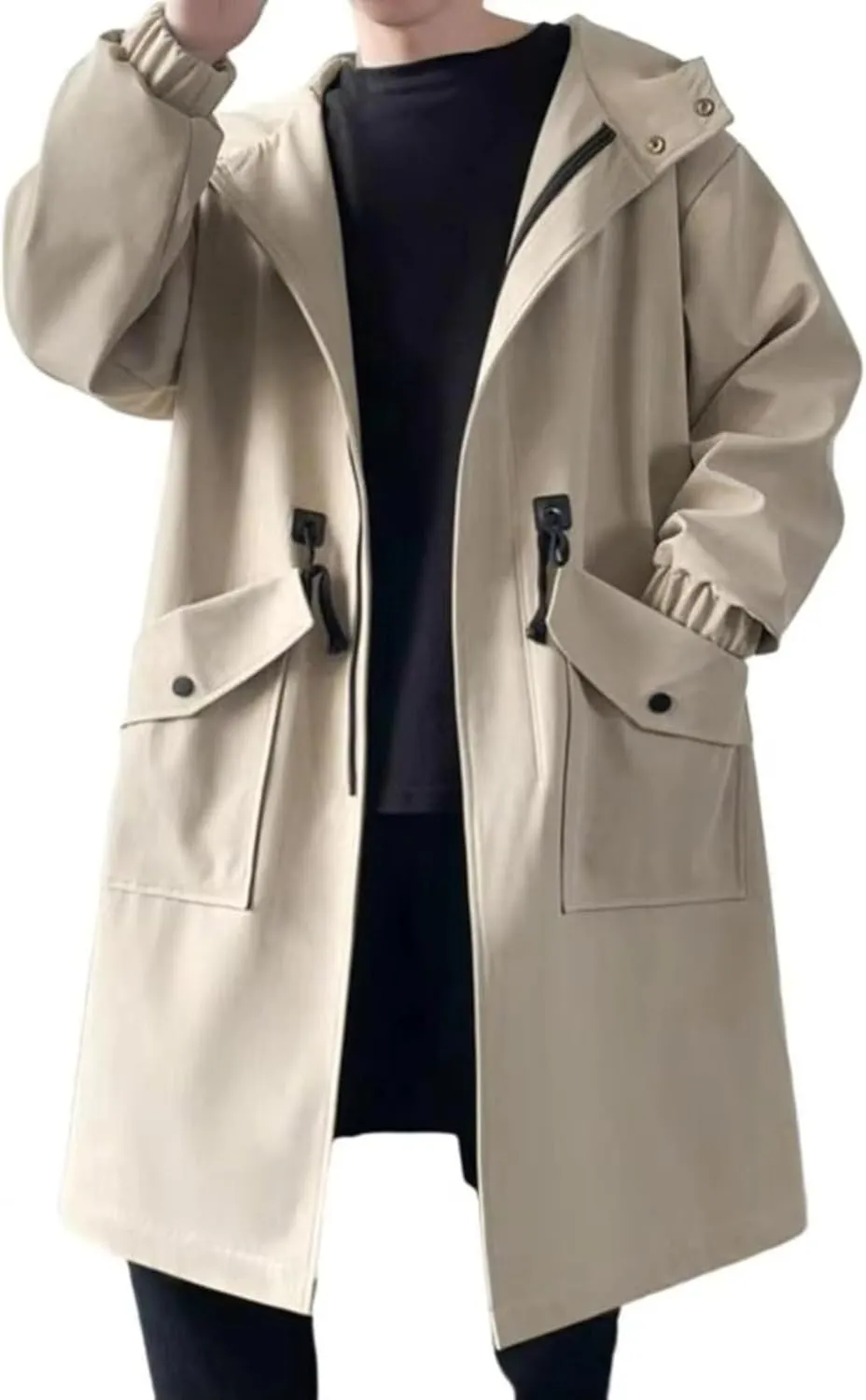 Long Trench Coat Jacket Men Autumn Black Hip Hop Coats Streetwear Male Hooded Khaki Jackets