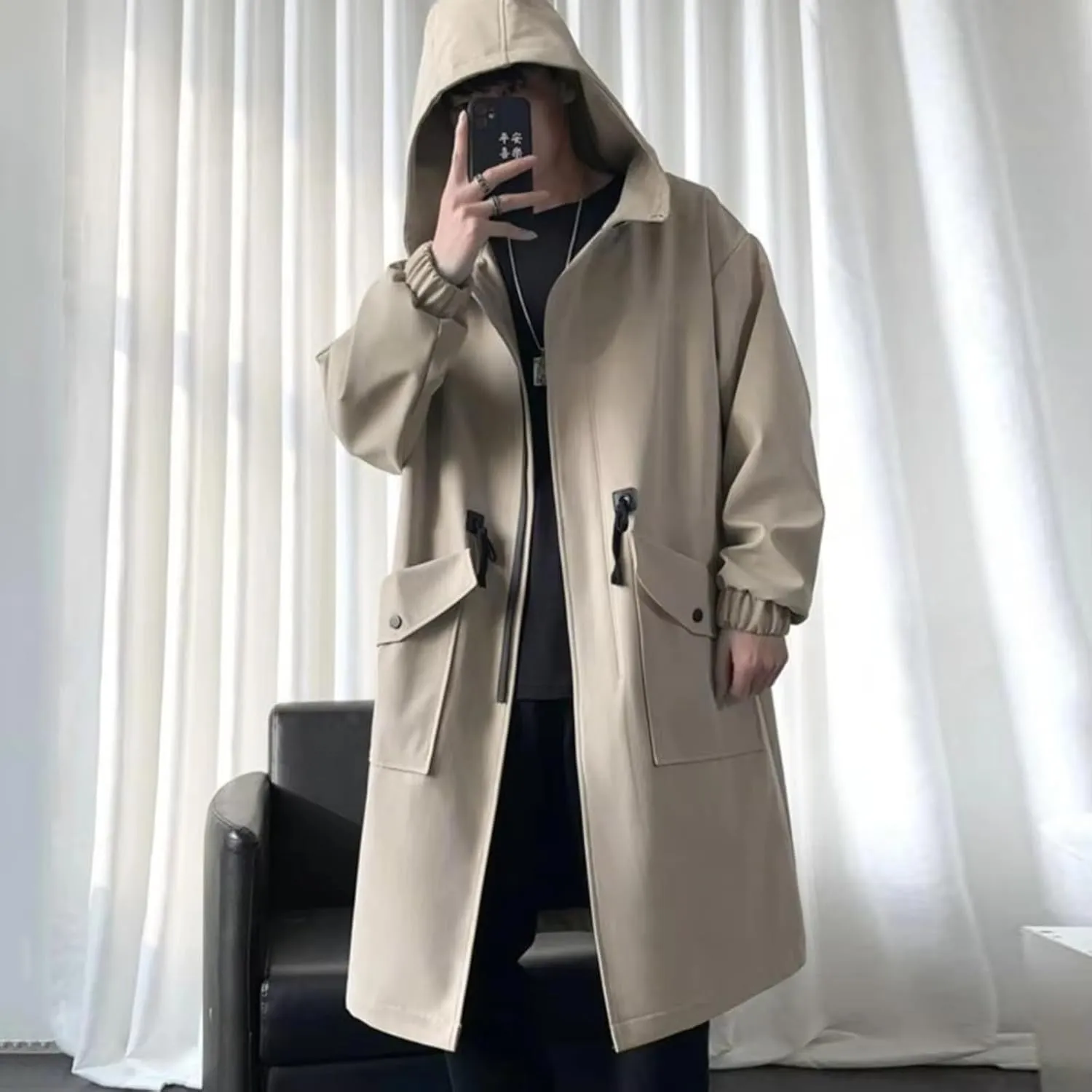 Long Trench Coat Jacket Men Autumn Black Hip Hop Coats Streetwear Male Hooded Khaki Jackets
