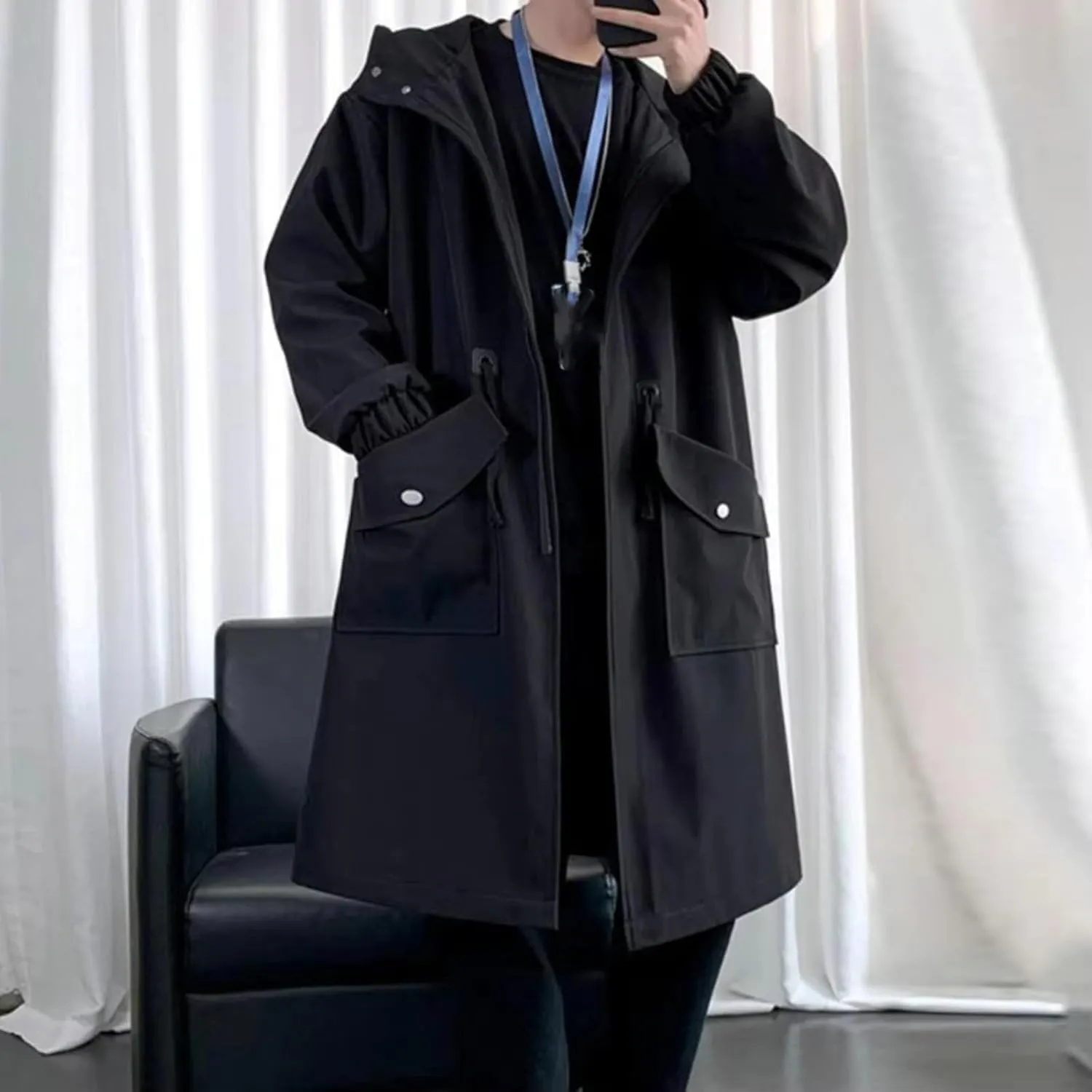 Long Trench Coat Jacket Men Autumn Black Hip Hop Coats Streetwear Male Hooded Khaki Jackets