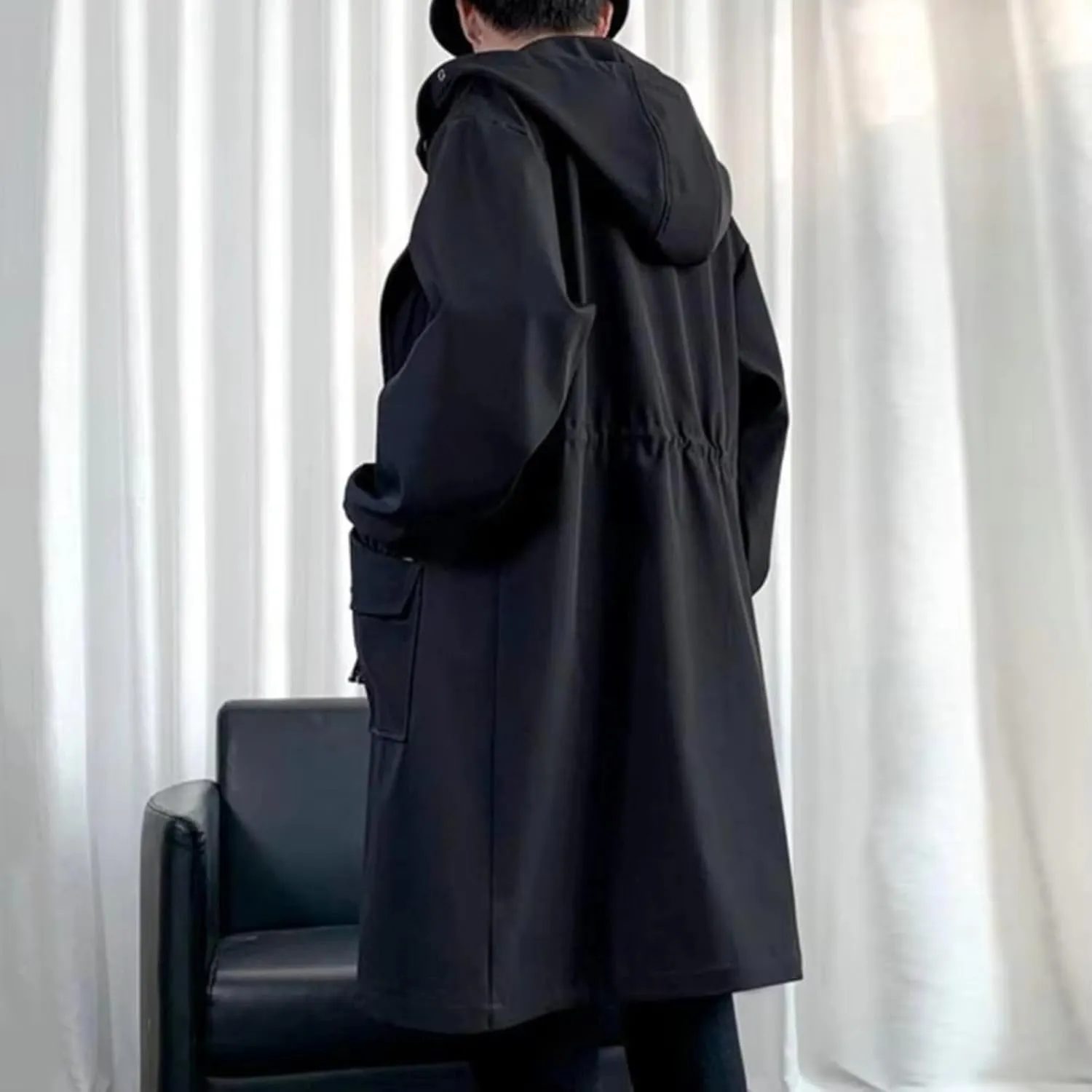 Long Trench Coat Jacket Men Autumn Black Hip Hop Coats Streetwear Male Hooded Khaki Jackets
