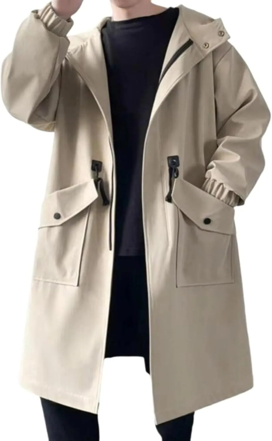 Long Trench Coat Jacket Men Autumn Black Hip Hop Coats Streetwear Male Hooded Khaki Jackets