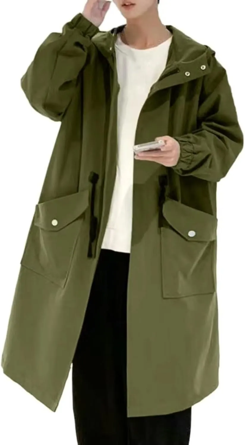 Long Trench Coat Jacket Men Autumn Black Hip Hop Coats Streetwear Male Hooded Khaki Jackets