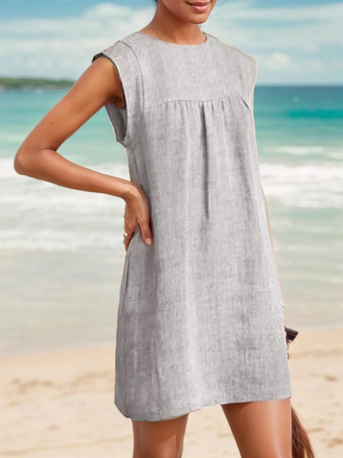 Loose Sleeveless Cotton Linen Tunic Sundress Women Summer Casual Beach Vacation Short Shift Tank Mini Dress