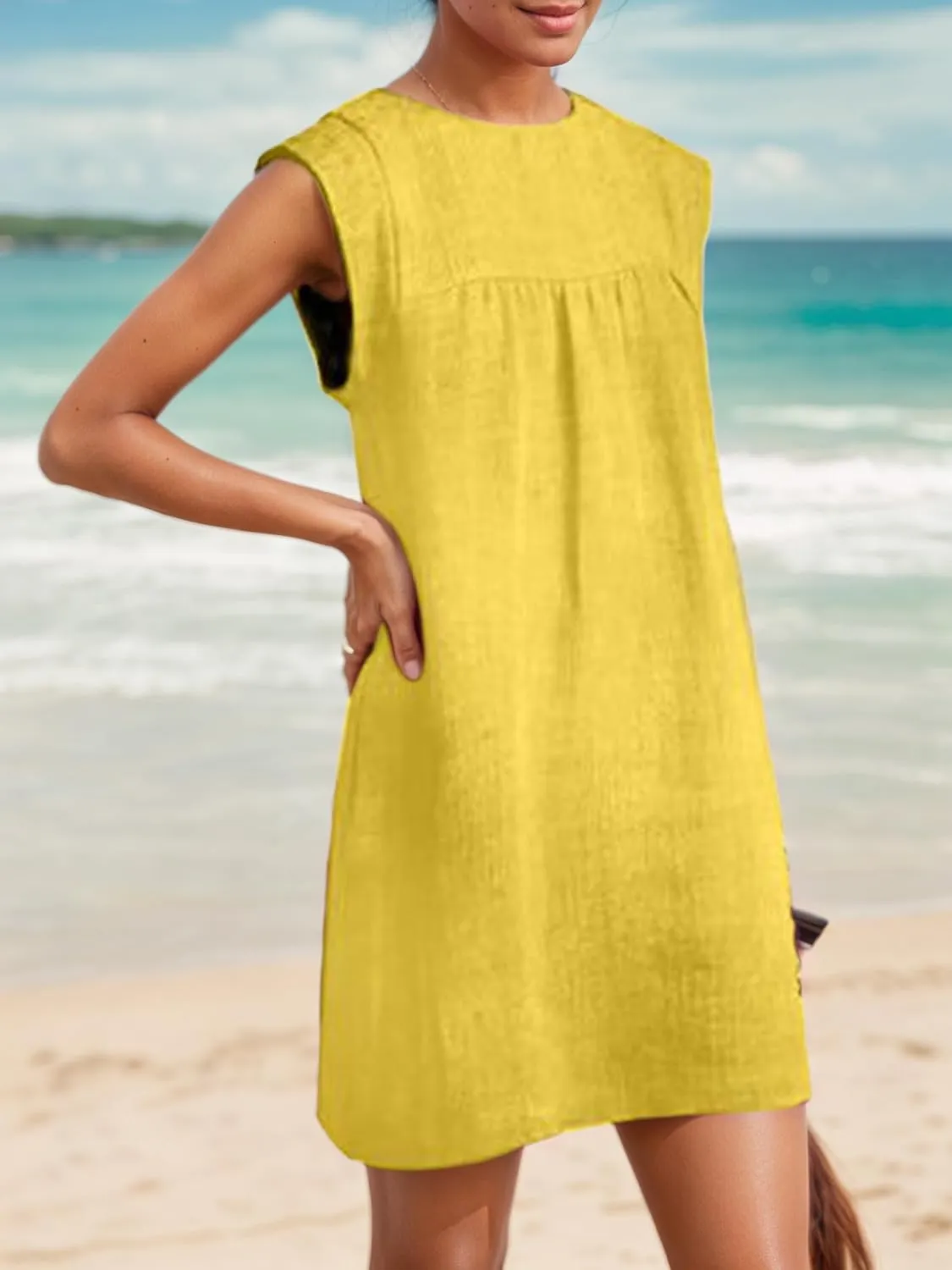 Loose Sleeveless Cotton Linen Tunic Sundress Women Summer Casual Beach Vacation Short Shift Tank Mini Dress