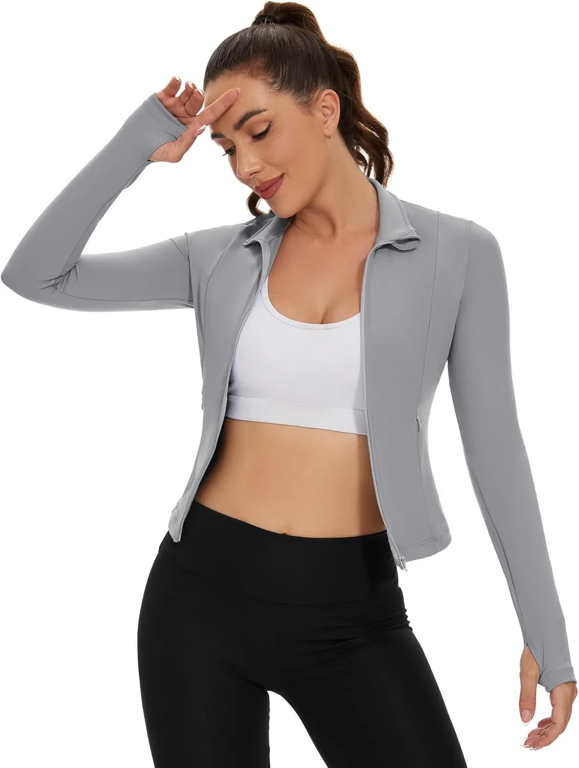 Loovoo Women's Cropped Workout Jacket Zip Up Athletic Jackets Slim Fit Lightweight Running Sports Track Jacket 2025