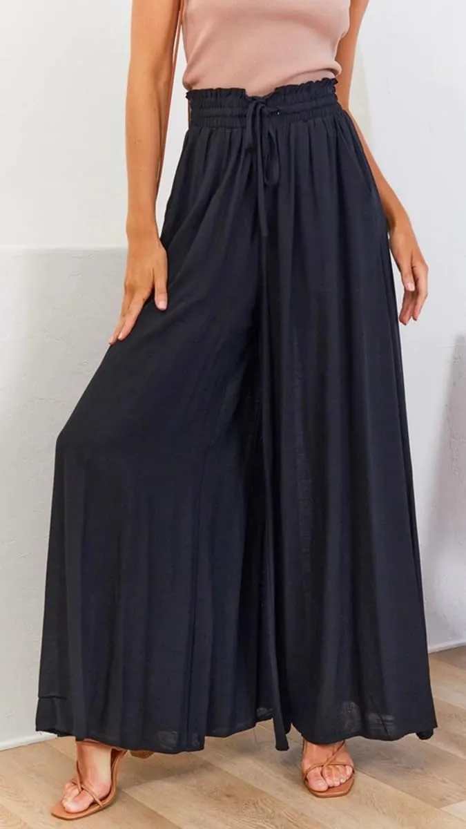 LOUSEA Women's Linen Wide Leg Pants high Elastic Waist Flowy Pants Plus Size Loose Long Pants with Pockets Palazzo Trousers