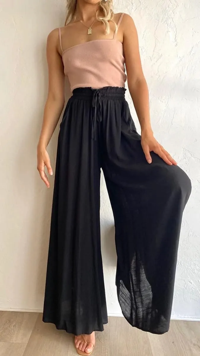 LOUSEA Women's Linen Wide Leg Pants high Elastic Waist Flowy Pants Plus Size Loose Long Pants with Pockets Palazzo Trousers