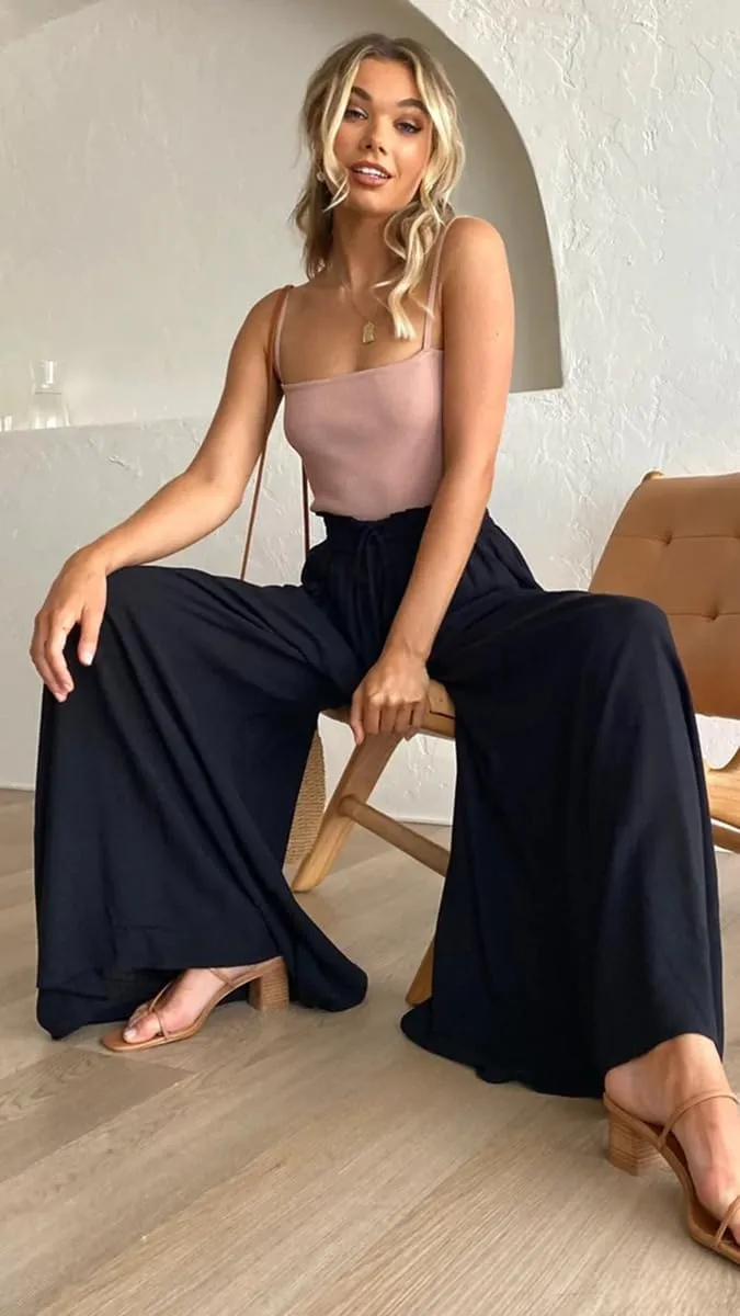 LOUSEA Women's Linen Wide Leg Pants high Elastic Waist Flowy Pants Plus Size Loose Long Pants with Pockets Palazzo Trousers