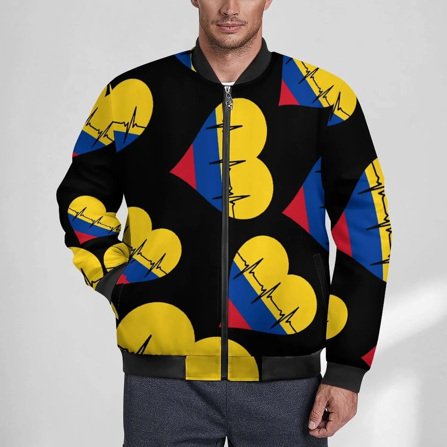 Love Colombia Heartbeat Men's Bomber Jacket Lightweight Windbreaker Fashion Spring Fall Coats Casual Jackets for Men