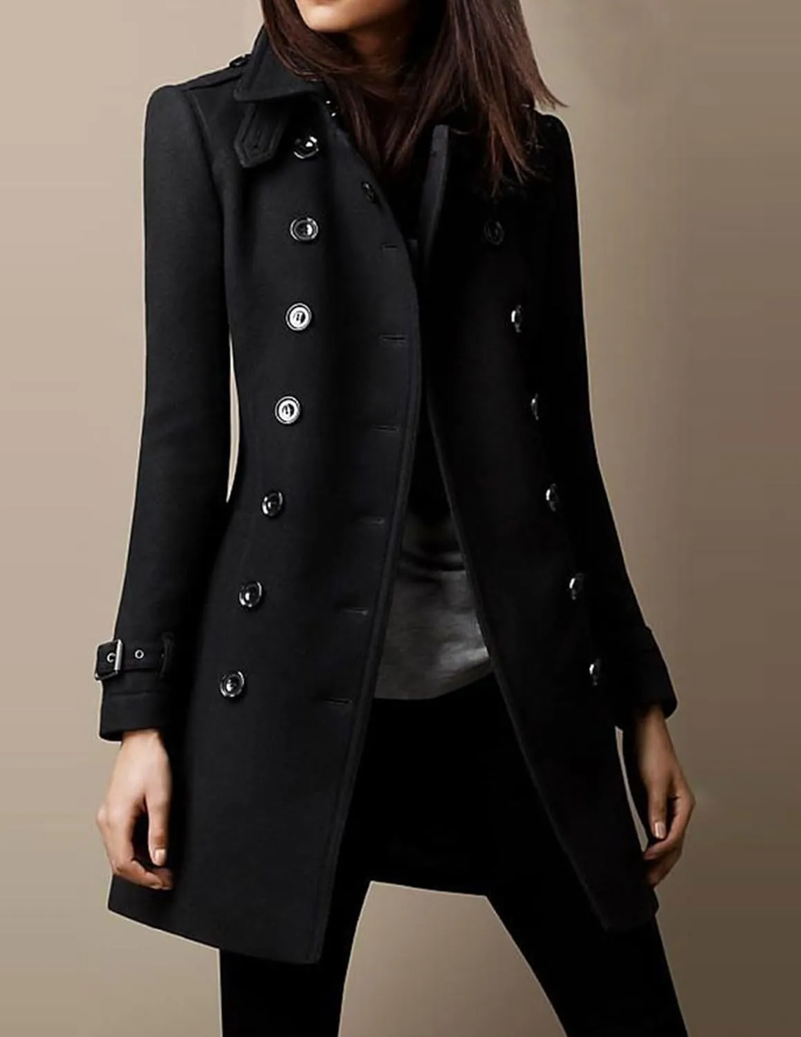 loveimgs Women Double Breasted Wool Jacket Blazer Pea Coat Button Down Mid Long Trench Coat Winter Overcoat