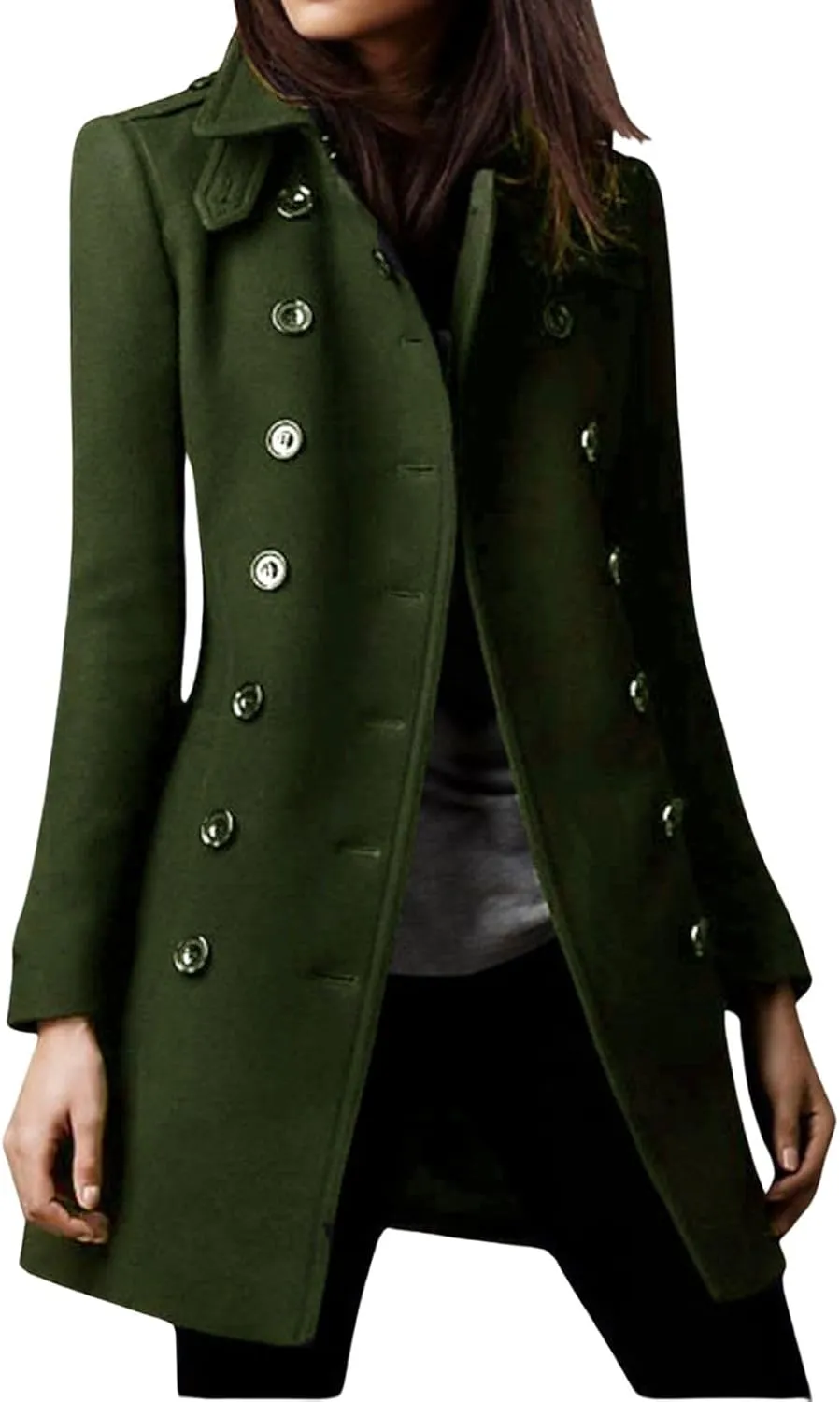 loveimgs Women Double Breasted Wool Jacket Blazer Pea Coat Button Down Mid Long Trench Coat Winter Overcoat