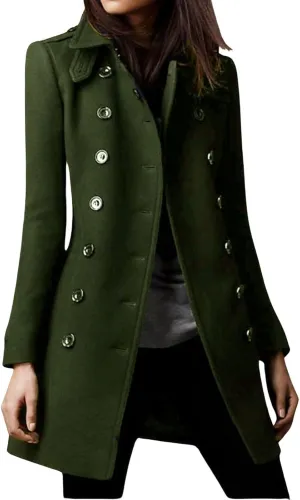 loveimgs Women Double Breasted Wool Jacket Blazer Pea Coat Button Down Mid Long Trench Coat Winter Overcoat