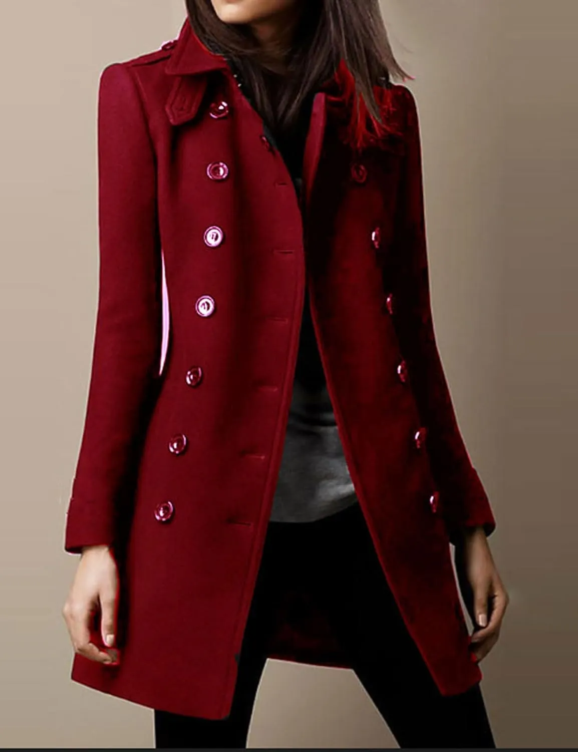 loveimgs Women Double Breasted Wool Jacket Blazer Pea Coat Button Down Mid Long Trench Coat Winter Overcoat