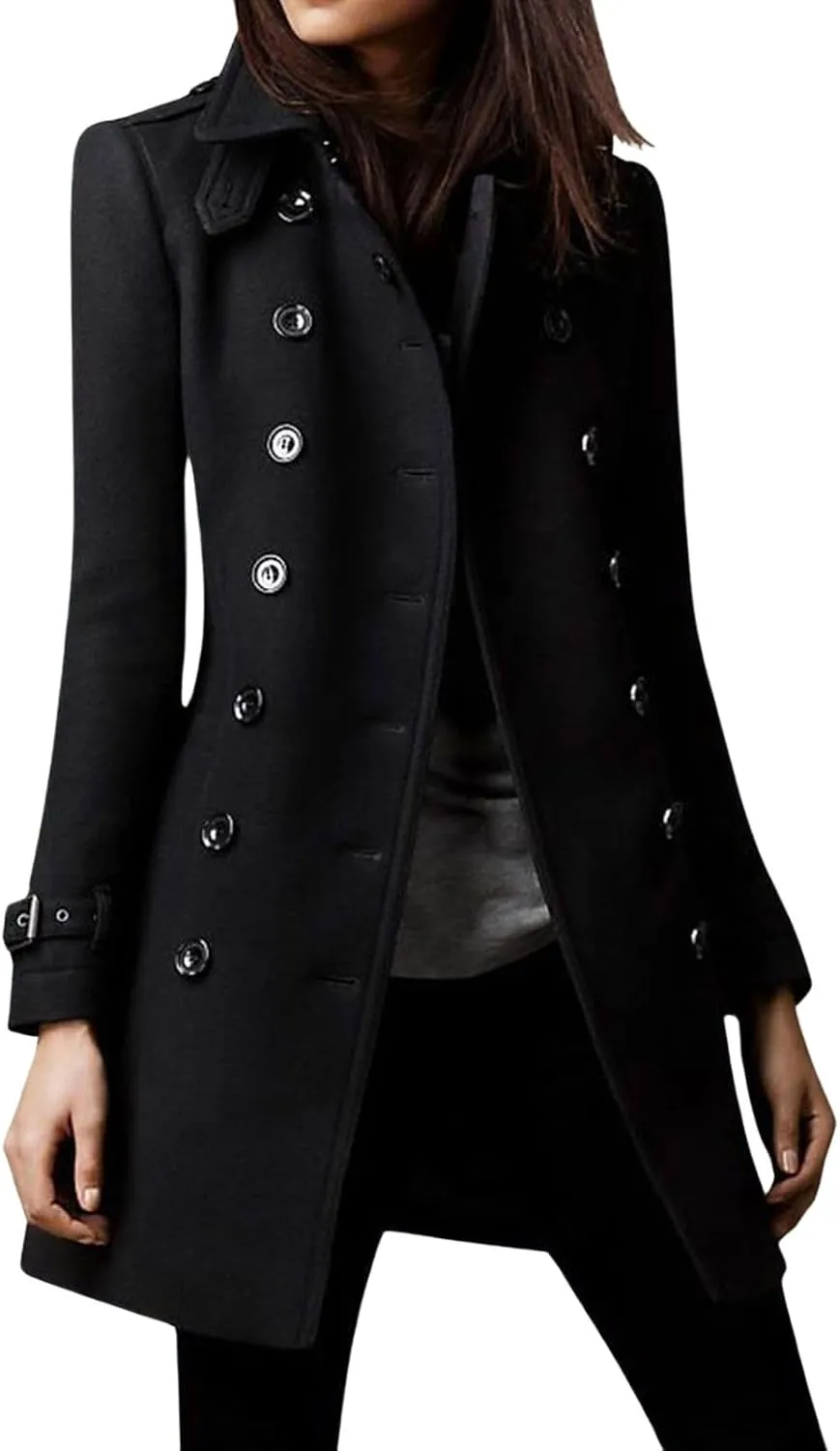 loveimgs Women Double Breasted Wool Jacket Blazer Pea Coat Button Down Mid Long Trench Coat Winter Overcoat