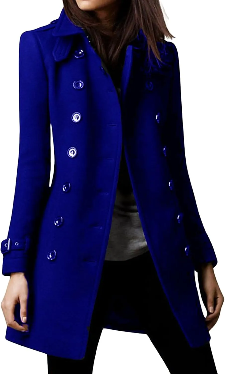 loveimgs Women Double Breasted Wool Jacket Blazer Pea Coat Button Down Mid Long Trench Coat Winter Overcoat