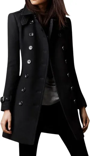 loveimgs Women Double Breasted Wool Jacket Blazer Pea Coat Button Down Mid Long Trench Coat Winter Overcoat
