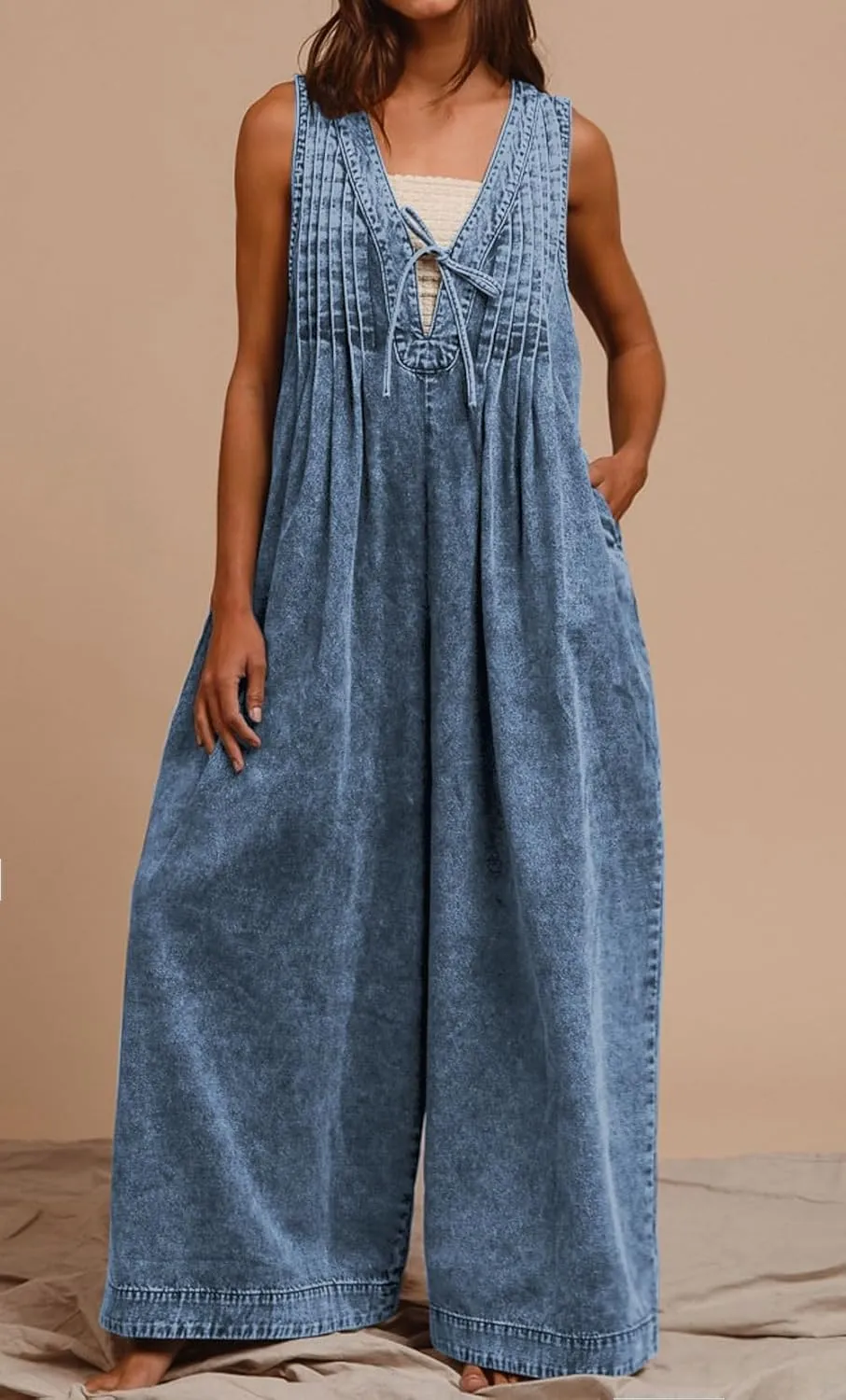 loveimgs Women Flowy Sleeveless Jean Jumpsuit Wide Leg Overalls Baggy Pleated Ruffle Tank Romper Summer Y2k 2025 Pocket