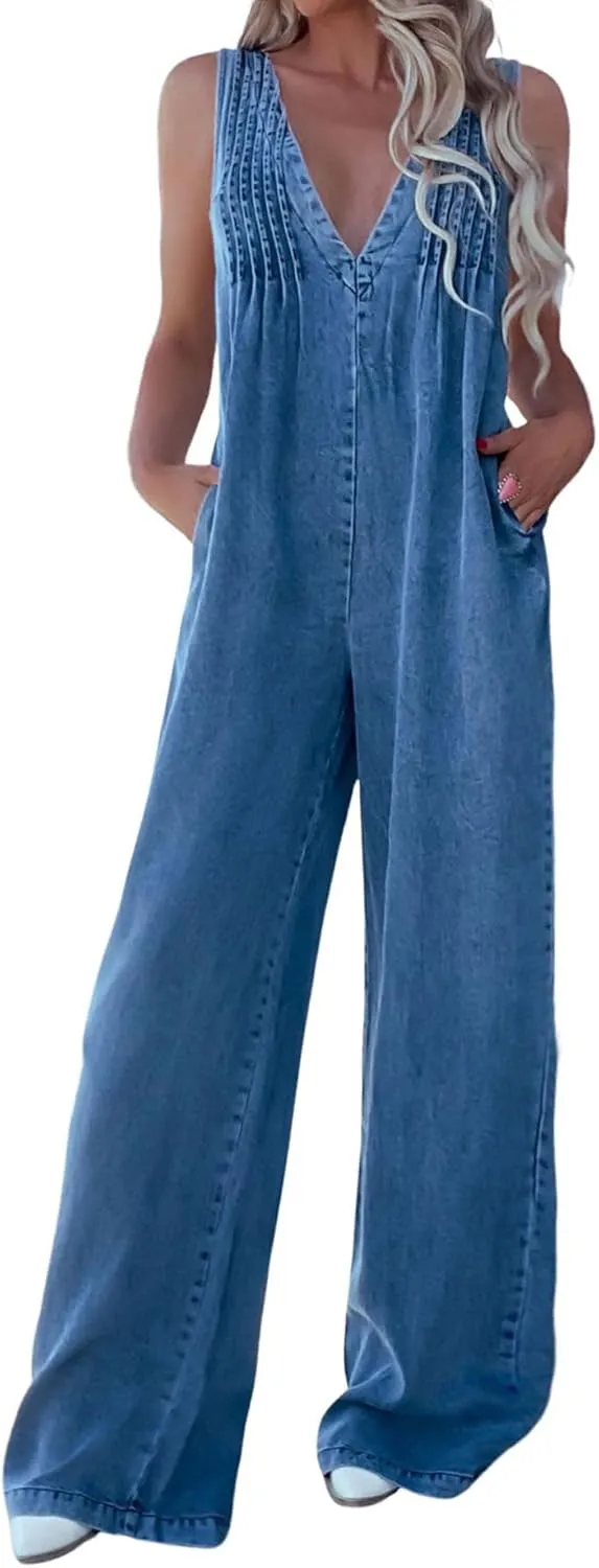 loveimgs Women Sleeveless Wide Leg Jean Overall Denim Jumpsuit V Neck Hollow Out Back Tie One Piece Jean Romper Jumper