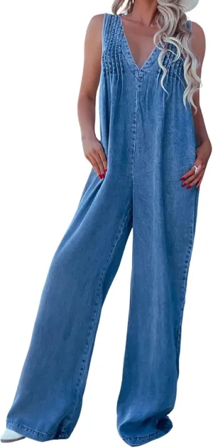 loveimgs Women Sleeveless Wide Leg Jean Overall Denim Jumpsuit V Neck Hollow Out Back Tie One Piece Jean Romper Jumper