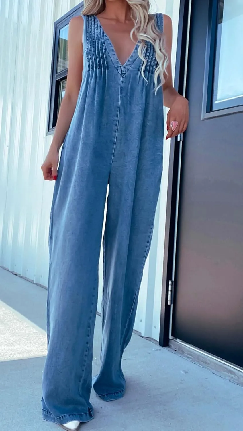 loveimgs Women Sleeveless Wide Leg Jean Overall Denim Jumpsuit V Neck Hollow Out Back Tie One Piece Jean Romper Jumper