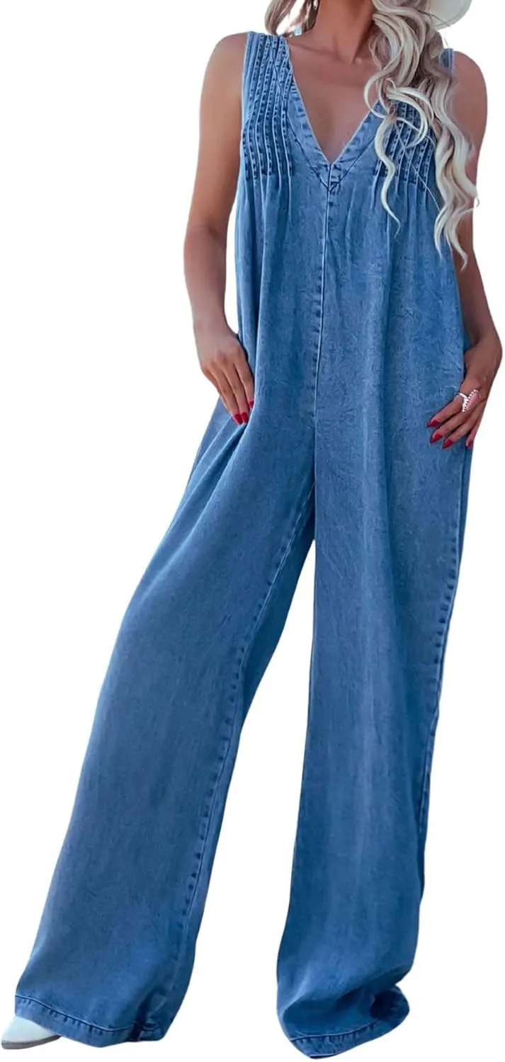 loveimgs Women Sleeveless Wide Leg Jean Overall Denim Jumpsuit V Neck Hollow Out Back Tie One Piece Jean Romper Jumper