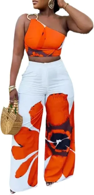 LROSEY Womens Two Piece Outfits Summer Club Birthday Party One Shoulder Crop Top High Waisted Wide Leg Palazzo Pants Sets