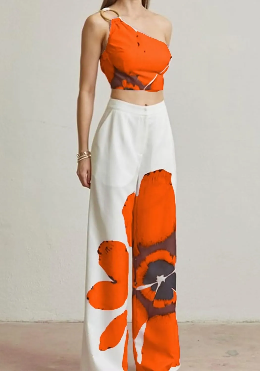 LROSEY Womens Two Piece Outfits Summer Club Birthday Party One Shoulder Crop Top High Waisted Wide Leg Palazzo Pants Sets