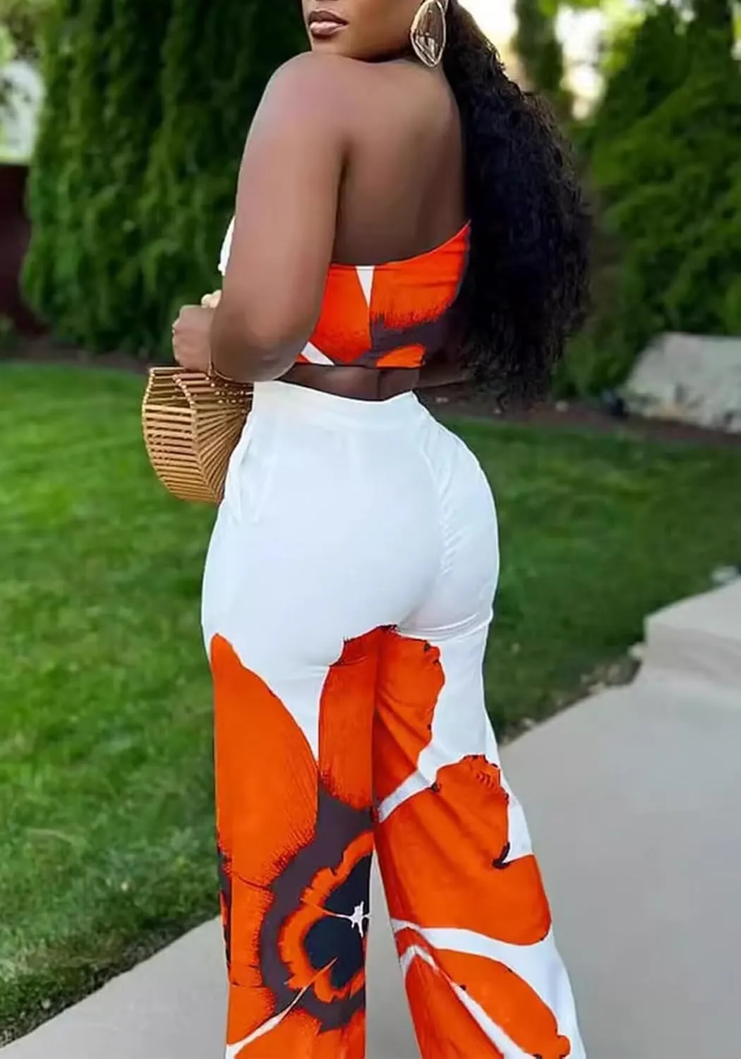 LROSEY Womens Two Piece Outfits Summer Club Birthday Party One Shoulder Crop Top High Waisted Wide Leg Palazzo Pants Sets
