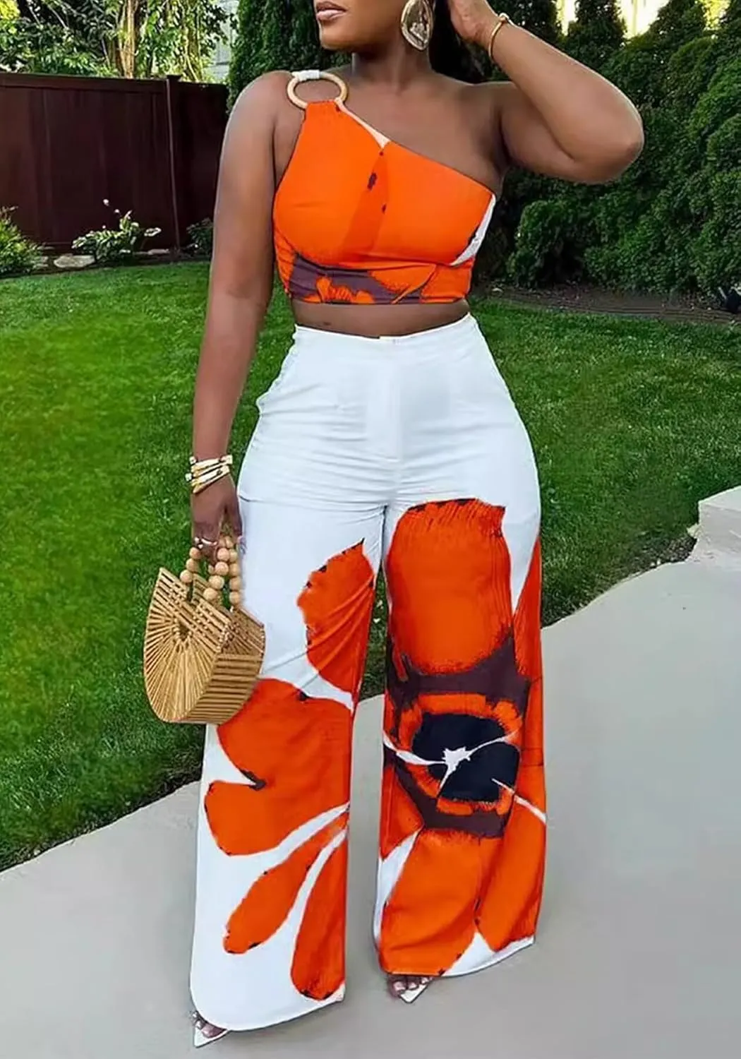 LROSEY Womens Two Piece Outfits Summer Club Birthday Party One Shoulder Crop Top High Waisted Wide Leg Palazzo Pants Sets