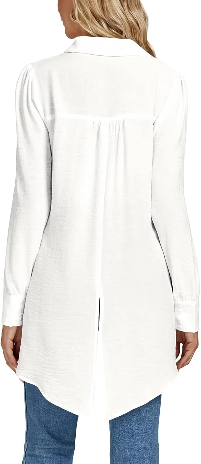 LYANER Women's Collar V Neck Split Hem Button Down Long Sleeve Long Shirt Blouse Tunic Top