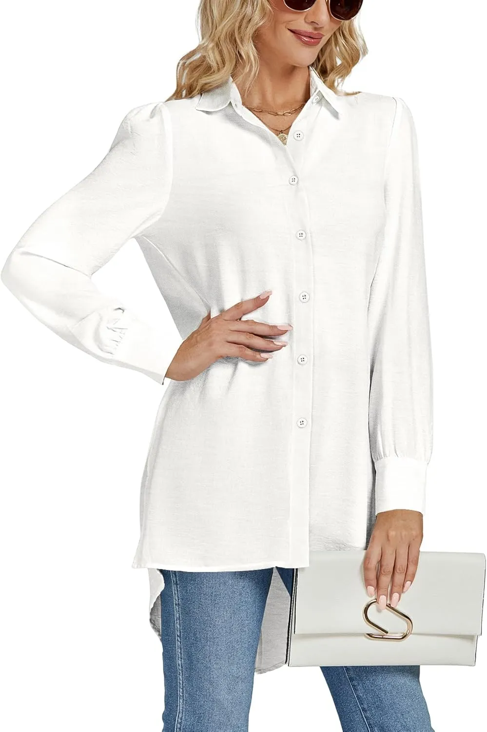 LYANER Women's Collar V Neck Split Hem Button Down Long Sleeve Long Shirt Blouse Tunic Top