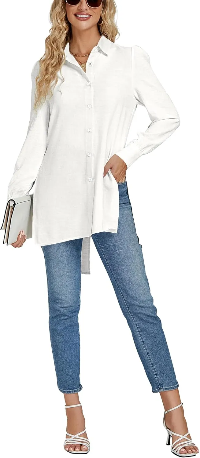 LYANER Women's Collar V Neck Split Hem Button Down Long Sleeve Long Shirt Blouse Tunic Top