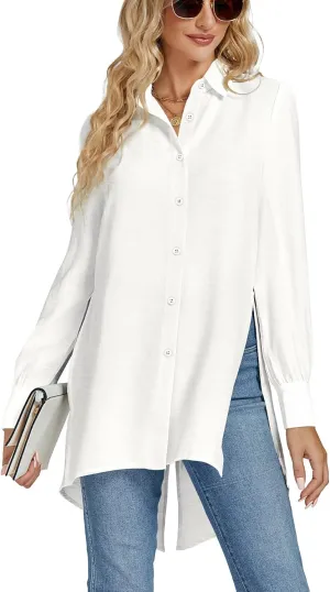 LYANER Women's Collar V Neck Split Hem Button Down Long Sleeve Long Shirt Blouse Tunic Top