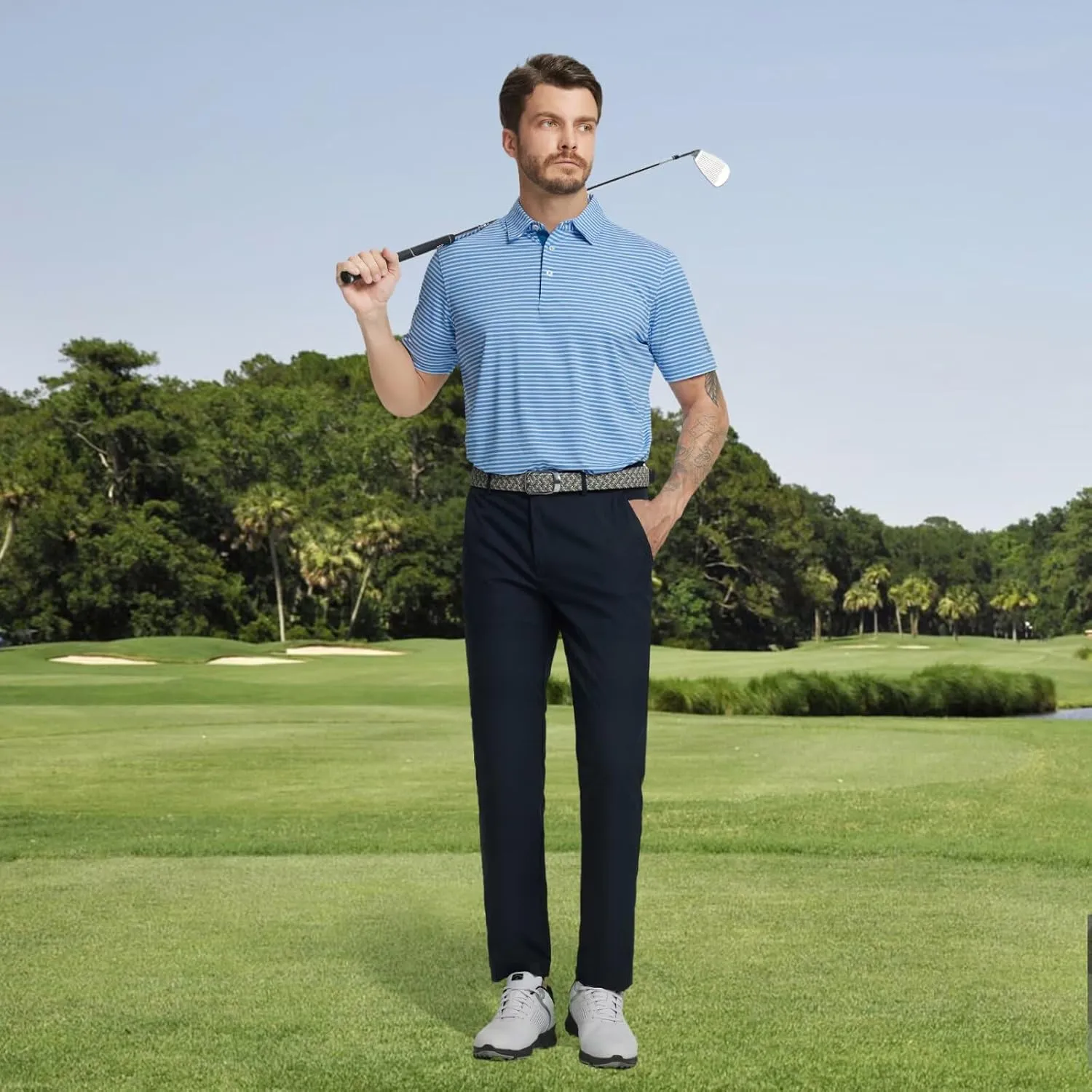 M MAELREG Golf Polo Shirts for Men Stripe Performance Moisture Wicking Dry Fit Collared Mens Polo Shirts Short Sleeve