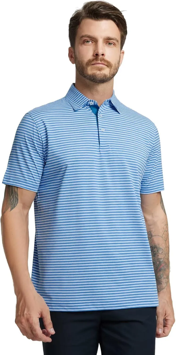 M MAELREG Golf Polo Shirts for Men Stripe Performance Moisture Wicking Dry Fit Collared Mens Polo Shirts Short Sleeve