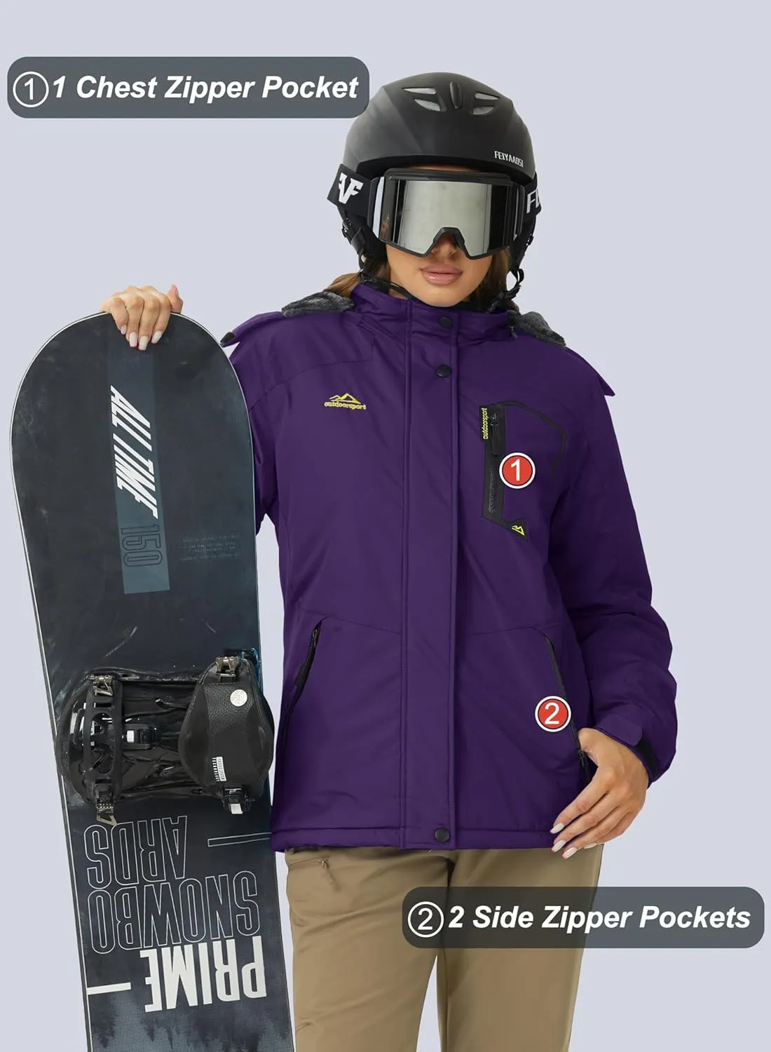 MAGCOMSEN Women's Ski Jacket Waterproof Insulated Snow Jacket Warm Windproof Winter Coats with Hood Fleece Lined Jacket